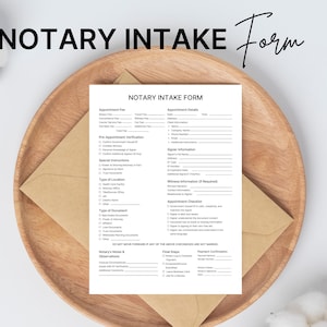 Notary Intake Form Printable PDF, Mobile Notary Checklist, Client Information Sheet, Digital Notary Log for Business Organization