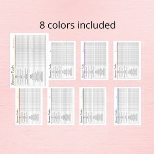 Pode incluir: Oito folhas de rastreamento de depress&atilde;o imprim&iacute;veis em diferentes cores: amarelo, laranja, marrom, verde, azul, roxo, rosa e cinza. Cada folha tem uma grade com colunas para data, sono, energia, motiva&ccedil;&atilde;o, ansiedade, humor e outros sintomas.