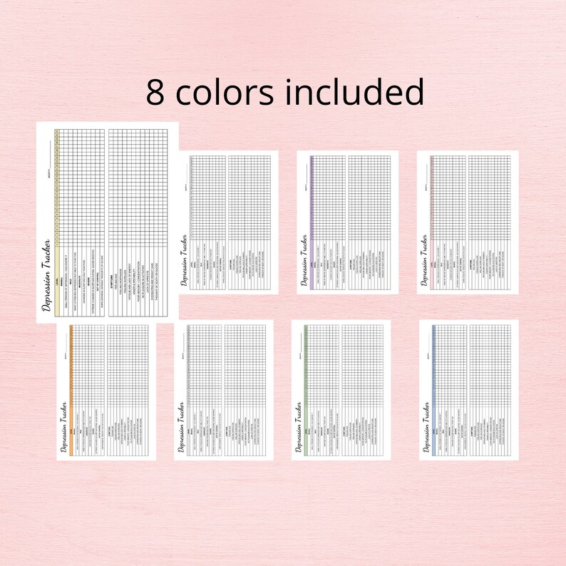 Pode incluir: Oito folhas de rastreamento de depress&atilde;o imprim&iacute;veis em diferentes cores: amarelo, laranja, marrom, verde, azul, roxo, rosa e cinza. Cada folha tem uma grade com colunas para data, sono, energia, motiva&ccedil;&atilde;o, ansiedade, humor e outros sintomas.