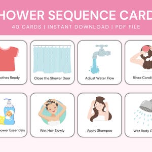 Tarjetas de rutina de ducha, secuencias visuales de baño, pasos de ducha imprimibles para niños y adultos, cronograma visual para autismo, cuadro de rutina de cuidado personal