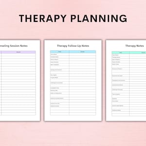 Op de afbeelding: Drie afdrukbare therapieplanningsbladen met koppen voor "Counseling Session Notes", "Therapy Follow-Up Notes" en "Therapy Notes". Elk blad heeft kolommen voor "Field" en "Details" met lege rijen om informatie in te vullen.