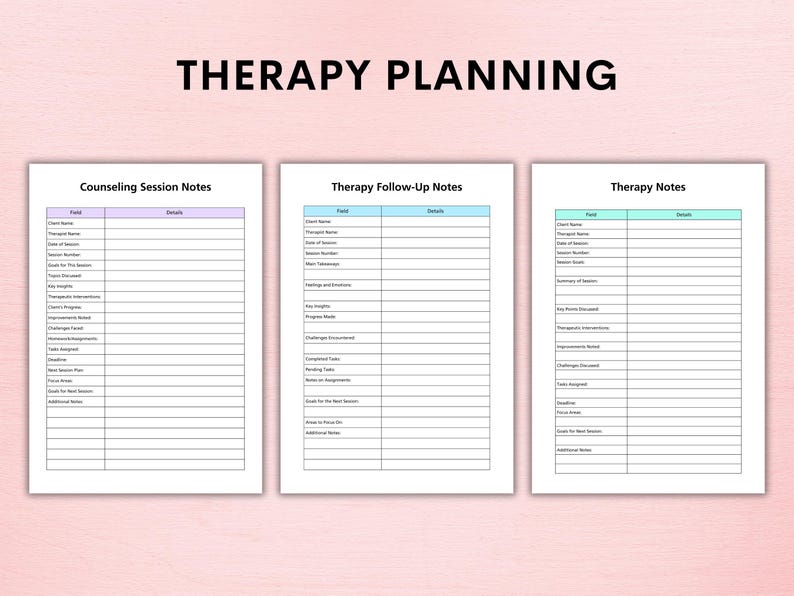 Op de afbeelding: Drie afdrukbare therapieplanningsbladen met koppen voor "Counseling Session Notes", "Therapy Follow-Up Notes" en "Therapy Notes". Elk blad heeft kolommen voor "Field" en "Details" met lege rijen om informatie in te vullen.