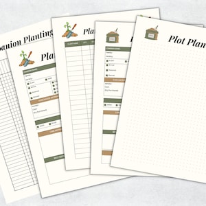 May include: Printable gardening planner with four pages. The first page is a companion planting chart, the second page is a plant list, the third page is a plot plan, and the fourth page is a purchase list. Each page has a brown and green illustration of a gardening tool and a bag of soil.