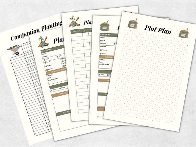 May include: Printable gardening planner with four pages. The first page is a companion planting chart, the second page is a plant list, the third page is a plot plan, and the fourth page is a purchase list. Each page has a brown and green illustration of a gardening tool and a bag of soil.