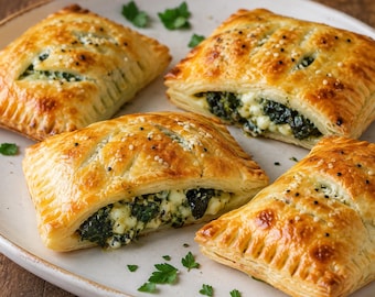 Pastel relleno de queso y espinacas, aperitivo mediterráneo hojaldrado, hojaldre de espinacas y queso, receta de snack salado, pastel casero fácil.