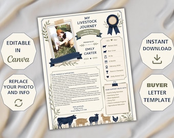 Vorlage für ein Käuferschreiben für Nutztiere, bearbeitbares Dankesschreiben für Tierkäufer auf dem Canva-Markt, Käuferschreiben für Auktionen auf der Landwirtschaftsmesse, 4-H-FFA-Tierprojekt