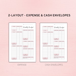 May include: A printable budget planner with two layouts: "Expense" and "Cash Envelopes". Each layout includes sections for income, bills, savings, debt payment, and a budget summary. The planner is designed for weekly budgeting.