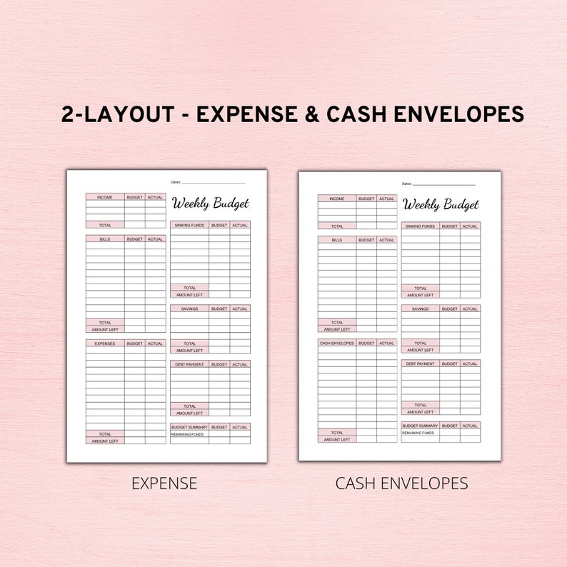 May include: A printable budget planner with two layouts: "Expense" and "Cash Envelopes". Each layout includes sections for income, bills, savings, debt payment, and a budget summary. The planner is designed for weekly budgeting.