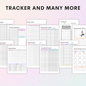 Pu&ograve; includere: Un set di tracker stampabili per vari scopi, tra cui il ciclo mestruale, il sonno, i risparmi, le bollette mensili, i farmaci, l'umore, le abitudini, le bollette annuali, il reddito, le misure e la perdita di peso settimanale. I tracker sono progettati con un'estetica colorata e minimalista.