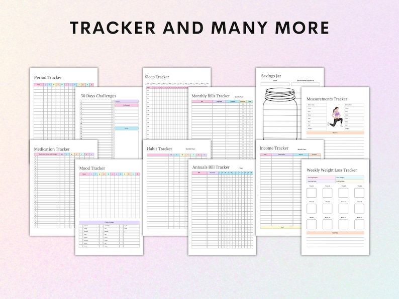 Pu&ograve; includere: Un set di tracker stampabili per vari scopi, tra cui il ciclo mestruale, il sonno, i risparmi, le bollette mensili, i farmaci, l'umore, le abitudini, le bollette annuali, il reddito, le misure e la perdita di peso settimanale. I tracker sono progettati con un'estetica colorata e minimalista.