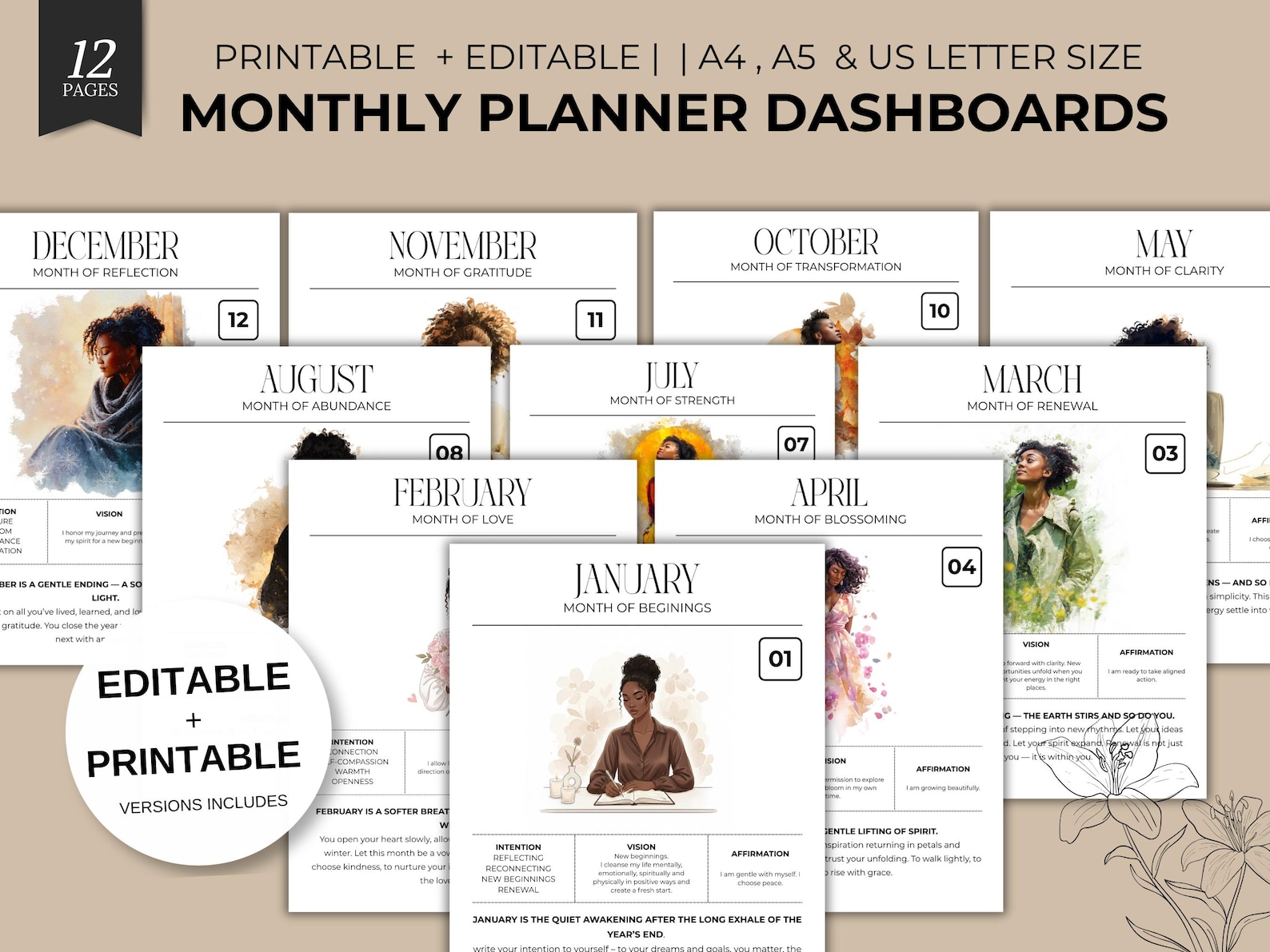Monthly Planner Dashboards | 12 Month Dashboard Pages | Aesthetic ...