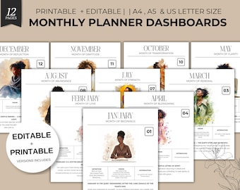 Monthly Planner Dashboards | 12 Month Dashboard Pages | Aesthetic Journal Covers | A4 A5 US Letter | Monthly Intentions Vision Affirmations