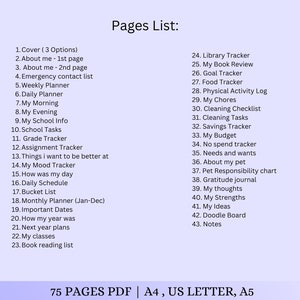 May include: A list of 43 pages for a planner, including sections for personal information, school, finances, health, and more. The text at the bottom says "75 PAGES PDF | A4, US LETTER, A5".
