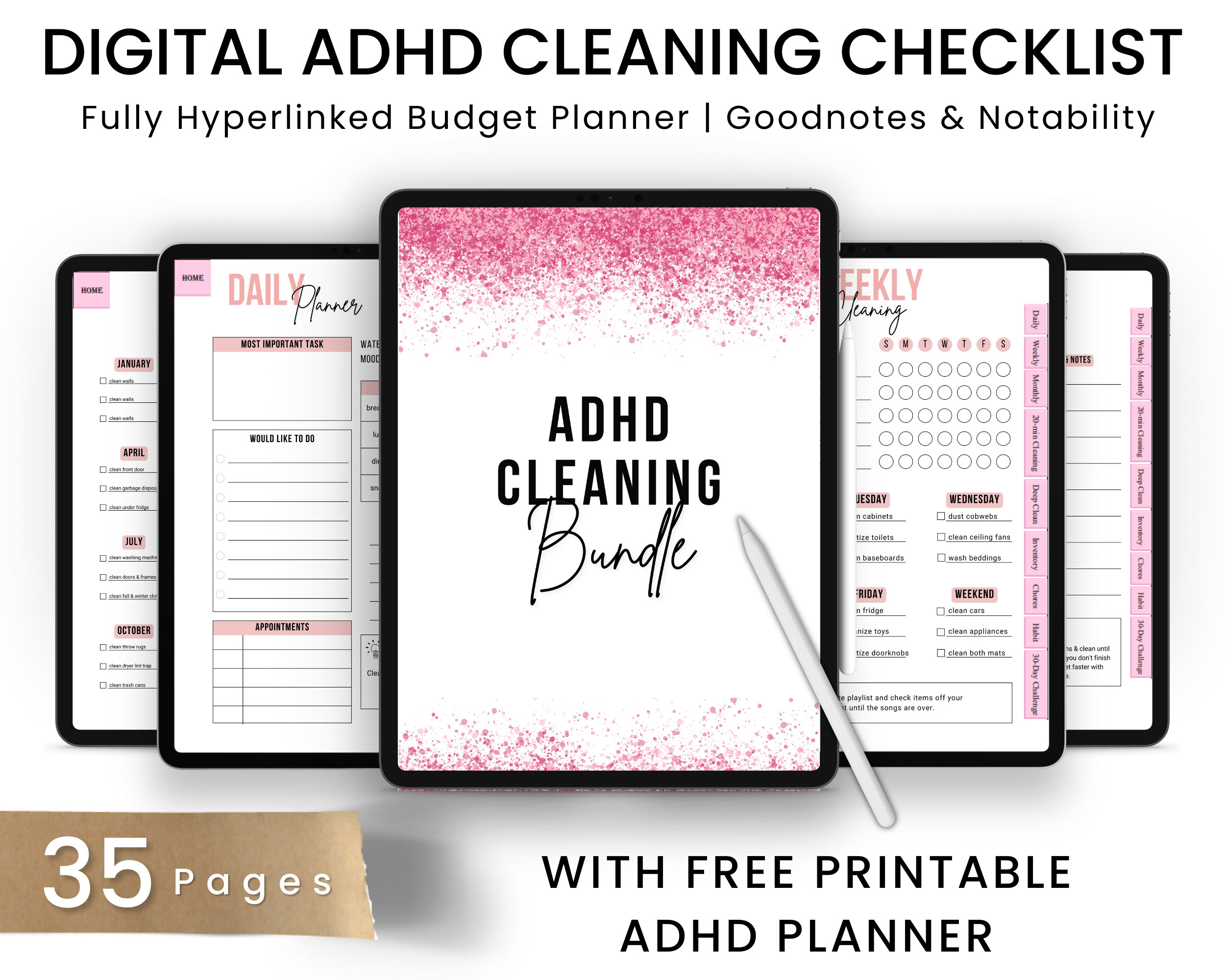 ADHD-schoonmaakplanschema, bewerkbaar schoonmaakplan, dagelijkse, wekelijkse en maandelijkse jaarlijkse schoonmaakchecklist, aangepaste verstelbare opruiming huishoudelijke takenblad, lijst