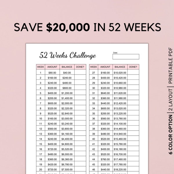 52 Week Savings Challenge, 20,000 Savings Challenge Tracker, Money challenge, Instant Download Pdf, A4, A5, Letter