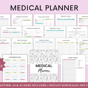May include: A medical planner with various pages for tracking health information. Includes habit trackers, medication logs, and emergency contact sheets. The cover features the text "MEDICAL PLANNER" and a medical-themed pattern. The planner includes 90+ pages and is available in US Letter, A4, and A5 sizes.