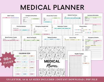 May include: A medical planner with various pages for tracking health information. Includes habit trackers, medication logs, and emergency contact sheets. The cover features the text "MEDICAL PLANNER" and a medical-themed pattern. The planner includes 90+ pages and is available in US Letter, A4, and A5 sizes.