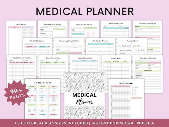 Medical Planner Printable Bundle 90+ Pages | Health Tracker PDF | Medication Log | Doctor Visits | Blood Pressure Tracker | Instant Download