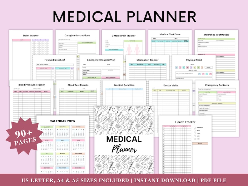 Medical planner printable bundle with multiple health tracking pages
Health tracker printable including medication and doctor visit logs