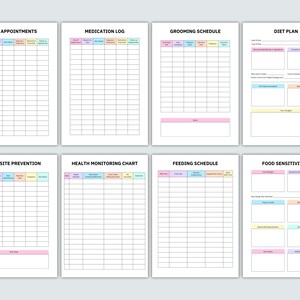 May include: Printable pet log pages with headings for vet appointments, medication log, grooming schedule, diet plan, parasite prevention, health monitoring chart, feeding schedule, and food sensitivities. Each page has a grid layout with colored headings.