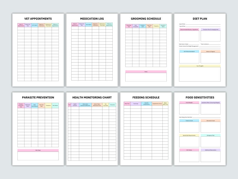 May include: Printable pet log pages with headings for vet appointments, medication log, grooming schedule, diet plan, parasite prevention, health monitoring chart, feeding schedule, and food sensitivities. Each page has a grid layout with colored headings.
