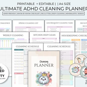 Op de afbeelding: Een afdrukbare en bewerkbare Ultimate ADHD Cleaning Planner in A4-formaat. De planner bevat checklists, ontrommelingstrackers en schoonmaakschema's. Het ontwerp is minimalistisch en ADHD-vriendelijk, met voorgevulde en lege versies. Stickers zijn inbegrepen.