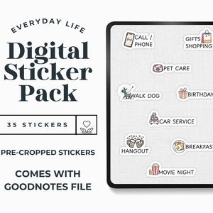 May include: Digital sticker pack with 35 pre-cropped stickers for everyday life. Includes stickers for phone calls, shopping, pet care, walking the dog, birthdays, car service, hangouts, breakfast, and movie nights. Comes with a GoodNotes file.