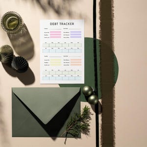 May include: A flat lay featuring a "DEBT TRACKER" sheet with colorful sections, a green envelope, decorative spheres, and a glass container. The scene is set on a neutral background with shadows, creating a minimalist aesthetic.