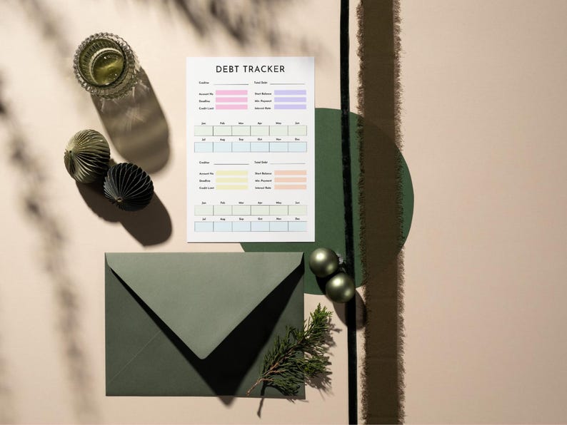 May include: A flat lay featuring a "DEBT TRACKER" sheet with colorful sections, a green envelope, decorative spheres, and a glass container. The scene is set on a neutral background with shadows, creating a minimalist aesthetic.