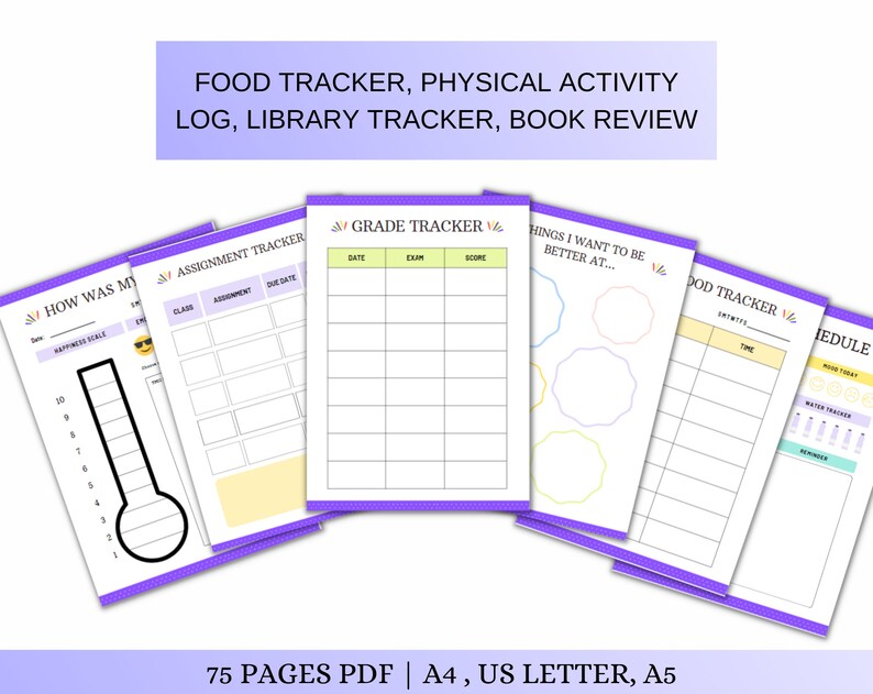 May include: A set of printable planner pages with a purple border and colorful accents. The pages include sections for tracking food, physical activity, grades, assignments, and personal goals.