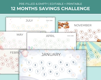 12 Months Savings Challenge Printable | Editable Money Saving Challenge | Monthly Savings Tracker | Budget Challenge PDF | Instant Download