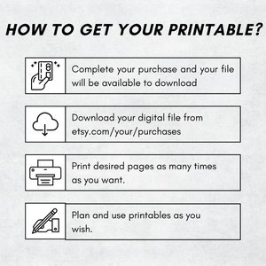 May include: A black and white illustration shows how to get your printable. The steps are: 1. Complete your purchase and download your file. 2. Download your digital file from etsy.com/your/purchases. 3. Print desired pages as many times as you want. 4. Plan and use printables as you wish.