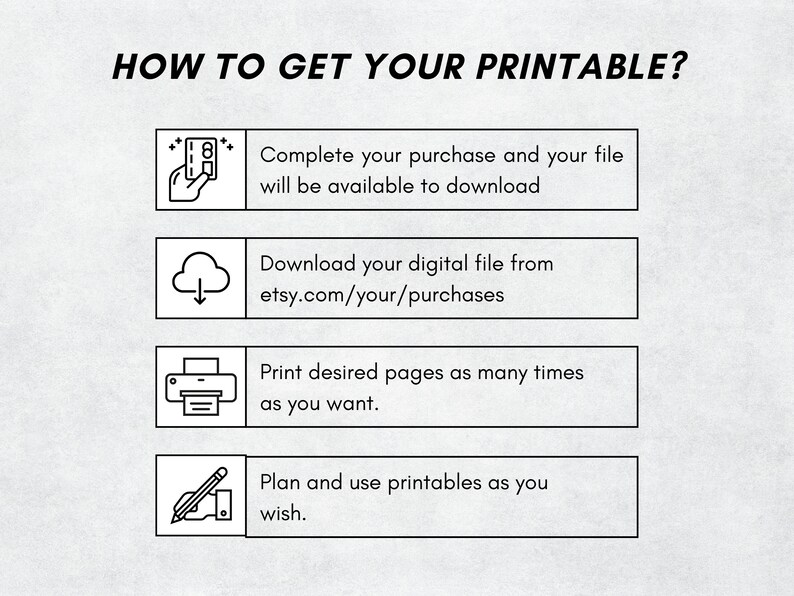 May include: A black and white illustration shows how to get your printable. The steps are: 1. Complete your purchase and download your file. 2. Download your digital file from etsy.com/your/purchases. 3. Print desired pages as many times as you want. 4. Plan and use printables as you wish.