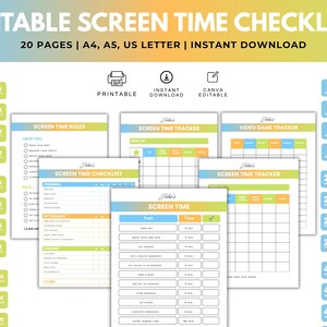 May include: An editable screen time checklist with 20 pages, available in A4, A5, and US Letter sizes. The design includes printable and Canva editable templates, with various trackers and checklists for screen time rules and video game tracking.
