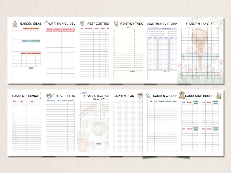 May include: Printable garden planner with sections for garden ideas, nutrition guide, pest control, monthly tasks, monthly overview, garden layout, garden journal, harvest log, fruits and vegetables to grow, garden plan, garden wishlist, and gardening budget.