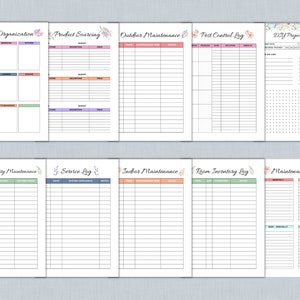 May include: Printable planner pages with floral illustrations. The pages include sections for space organization, product sourcing, outdoor maintenance, pest control, DIY project tracking, home security maintenance, service log, indoor maintenance, room inventory, and maintenance tasks.