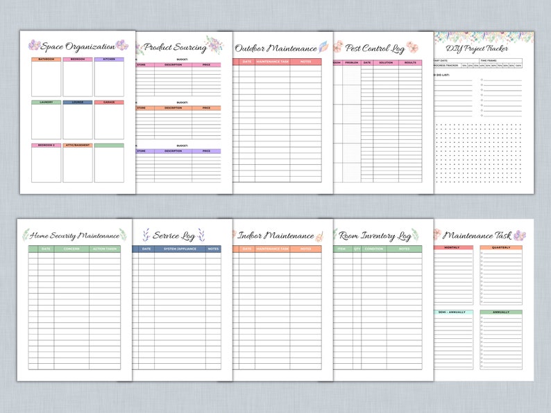 May include: Printable planner pages with floral illustrations. The pages include sections for space organization, product sourcing, outdoor maintenance, pest control, DIY project tracking, home security maintenance, service log, indoor maintenance, room inventory, and maintenance tasks.