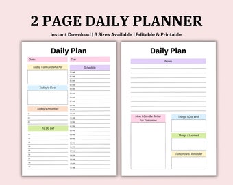 Editable 2 Page Daily Planner Template Printable, Productivity Planner, Daily To Do List, Hourly Schedule, A4, Letter, A5, Printable