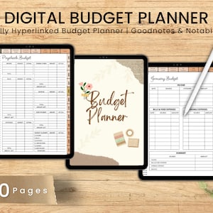 May include: A digital budget planner on an iPad with a stylus. The planner has a brown and white design with the text "Budget Planner" and "January Budget". The planner has 160 pages and is fully hyperlinked.