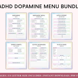 May include: A bundle of six printable ADHD Dopamine Menu pages. Each page has a pastel rainbow border and contains prompts for planning and tracking tasks. The top text reads "ADHD DOPAMINE MENU BUNDLE". The bottom text reads "6 PAGES | US LETTER SIZE INCLUDED | INSTANT DOWNLOAD | PDF FILE".