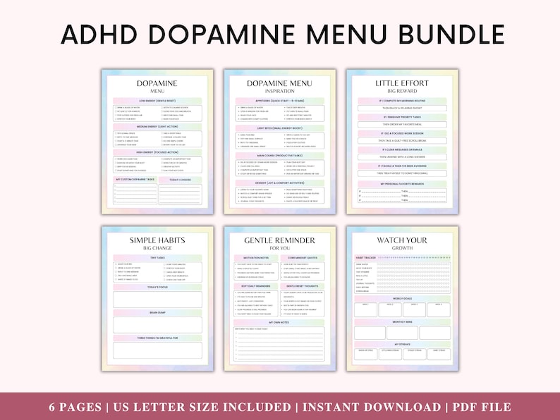 Utskrivbar dopaminmeny för ADHD | Dopaminmenypaket | ADHD-planeringssidor | Produktivitets- och vanespårare | Utskrivbar PDF för psykisk hälsa bild 1