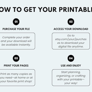 May include: An infographic with the title "HOW TO GET YOUR PRINTABLE?" outlines the steps: purchase, download from etsy.com, print, and enjoy. Each step is numbered and includes a brief description in a black font on a light green background.