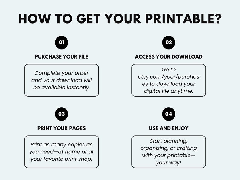 May include: An infographic with the title "HOW TO GET YOUR PRINTABLE?" outlines the steps: purchase, download from etsy.com, print, and enjoy. Each step is numbered and includes a brief description in a black font on a light green background.