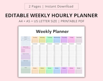 Editable Weekly Hourly Planner, Weekly Schedule, Daily Planner, Undated Planner, 2024 Weekly Organizer, To Do List printable, Adhd Weekly