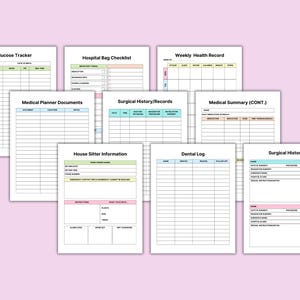 May include: A collection of printable medical and health record forms, including a glucose tracker, hospital bag checklist, and weekly health record. Other forms include medical planner documents, surgical history, and dental logs. The forms are on a light pink background.