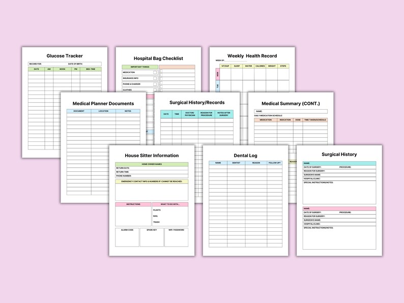 May include: A collection of printable medical and health record forms, including a glucose tracker, hospital bag checklist, and weekly health record. Other forms include medical planner documents, surgical history, and dental logs. The forms are on a light pink background.