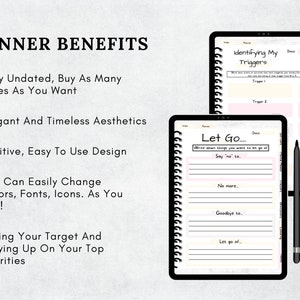 May include: Two digital planners with spiral binding and a stylus are displayed. The planner pages have a minimalist design with prompts for identifying triggers and letting go. Text on the image reads "Planner Benefits" and lists features like undated pages and customizable design.