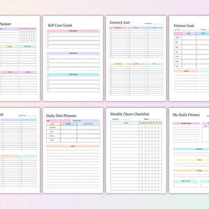 Pu&ograve; includere: Pagine di pianificatore stampabili con bordi colorati. Le pagine includono sezioni per la pulizia, obiettivi di cura personale, liste della spesa, obiettivi di fitness, pianificazione della dieta giornaliera, faccende domestiche settimanali e fitness quotidiano.