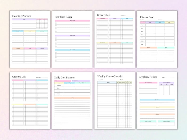 Pu&ograve; includere: Pagine di pianificatore stampabili con bordi colorati. Le pagine includono sezioni per la pulizia, obiettivi di cura personale, liste della spesa, obiettivi di fitness, pianificazione della dieta giornaliera, faccende domestiche settimanali e fitness quotidiano.