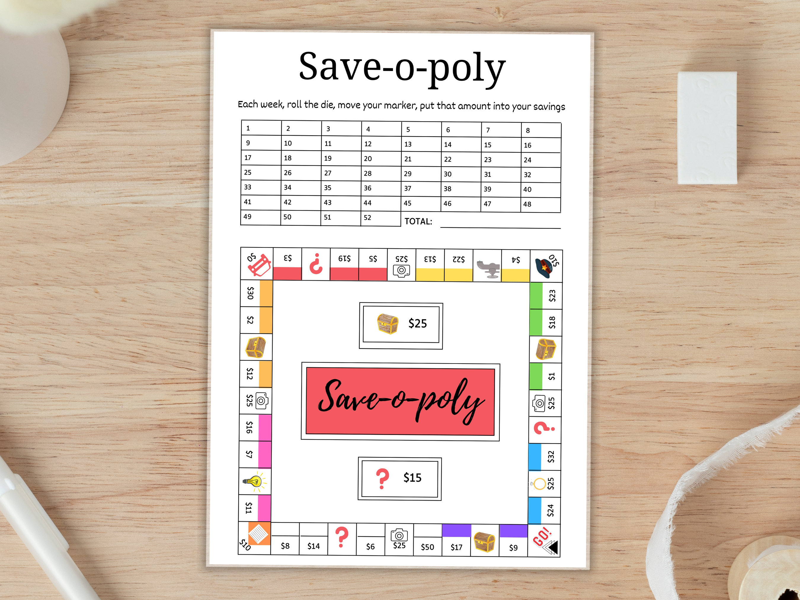 Saveopoly Savings Challenge Printable, Money Savings Challenge, Digital Download, Savings Tracker, Savings Challenge